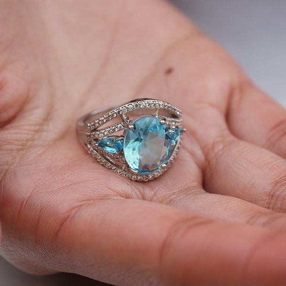 🍁 Fashion Oval Sea Blue Gems Zircon Stackable Rings for Women, EVGG1569 - Picture 6 of 7